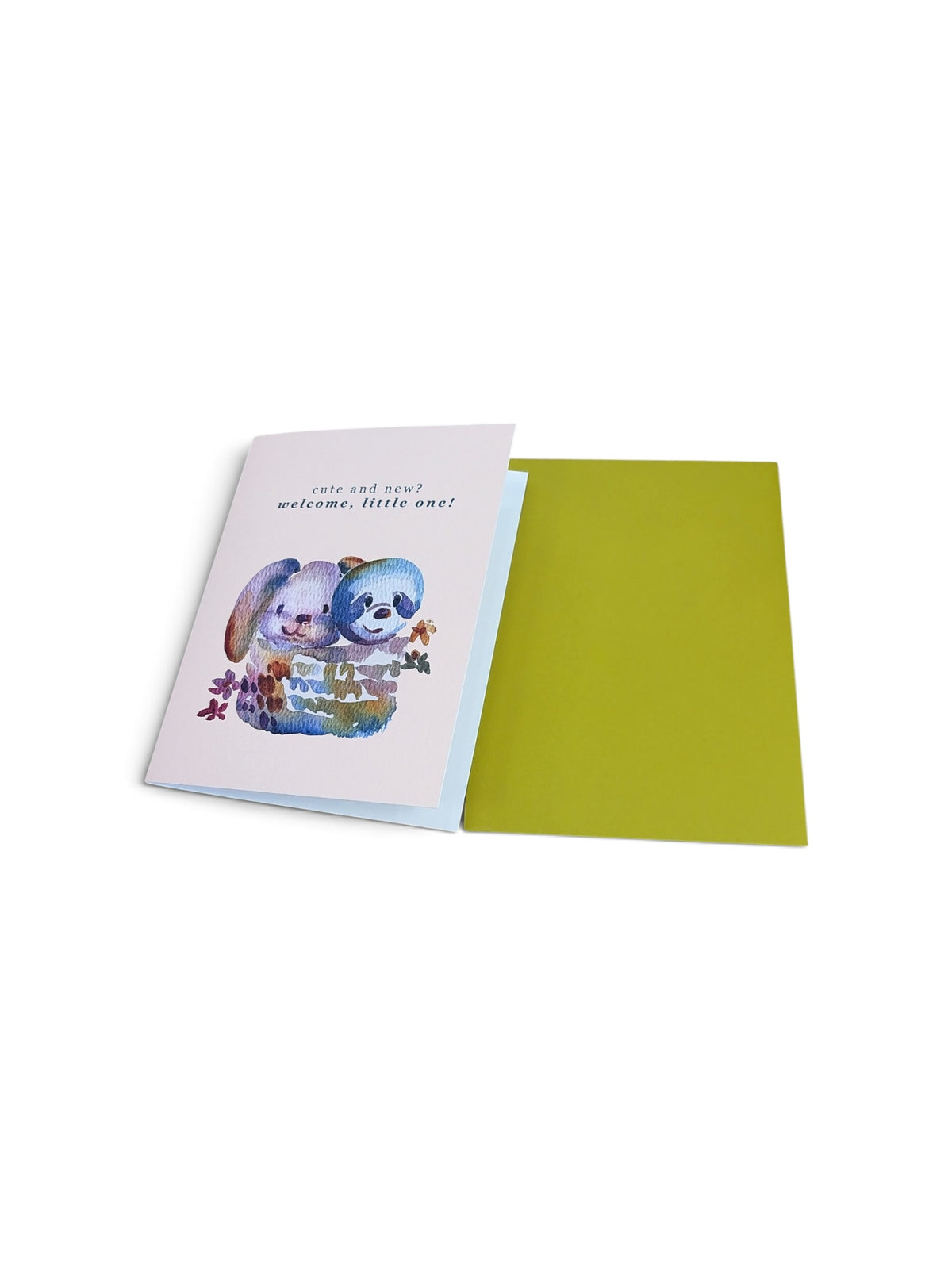 New baby greeting card featuring a watercolor illustration of a cute sloth and bunny with the text welcome little one