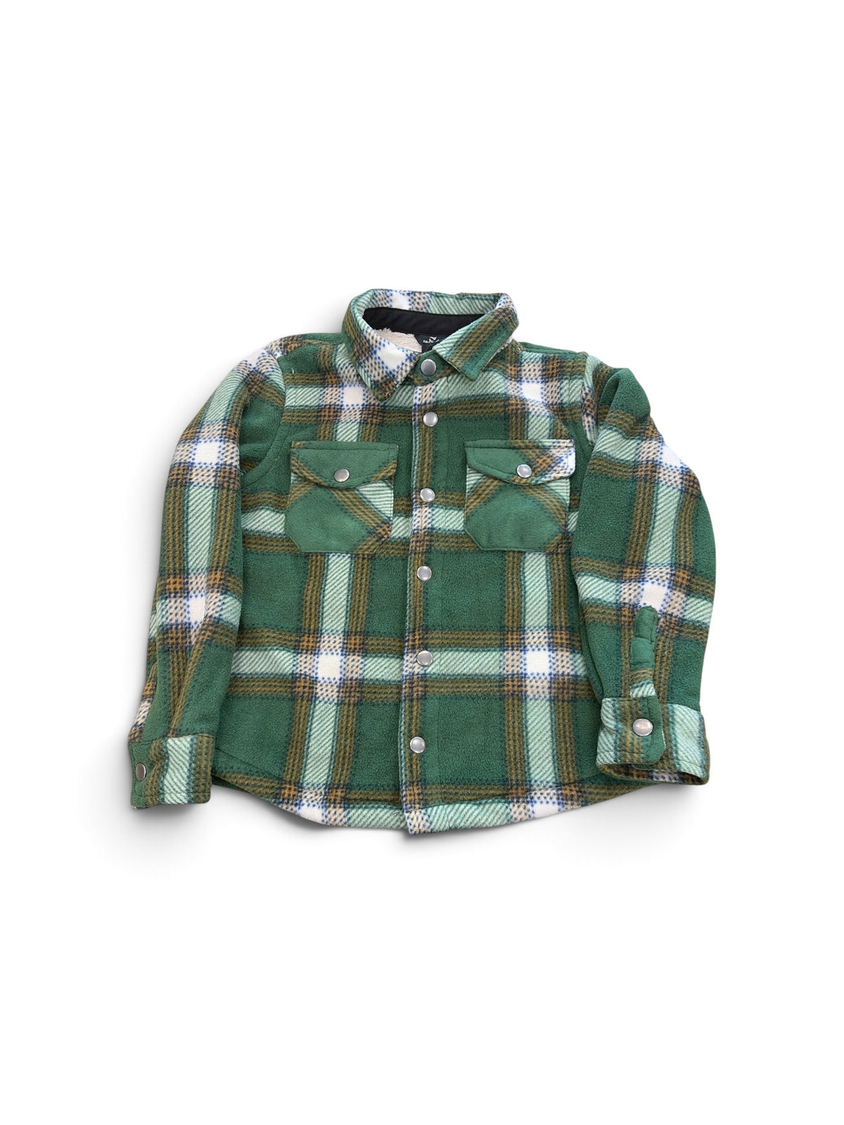 Eddie Bauer kids green plaid fleece shacket with button-down front and dual chest pockets, size 4T.