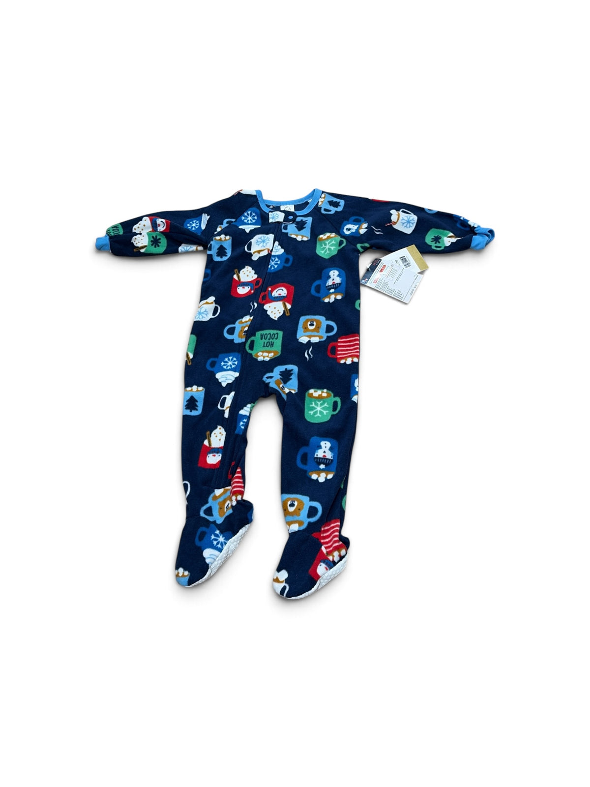 Gerber baby zippy sleeper in navy blue fleece with a colorful hot cocoa mug print and footed design for 18 months.