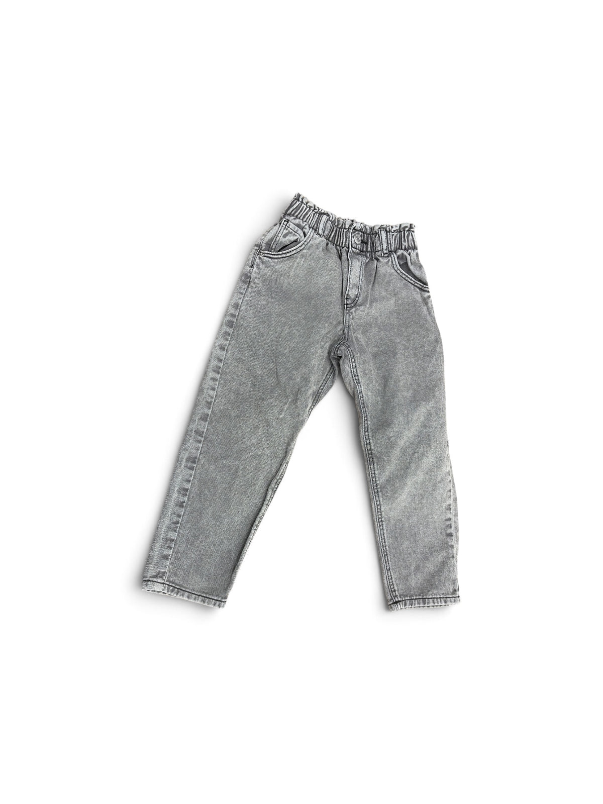 H&M kids relaxed fit jeans in gray denim with an elasticated paperbag waist and front pockets.