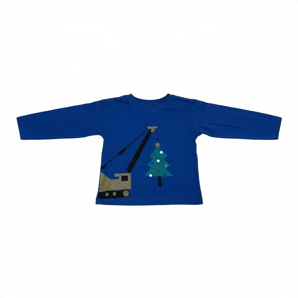 Hanna Andersson blue long sleeve shirt featuring a crane lifting a decorated Christmas tree for toddlers.