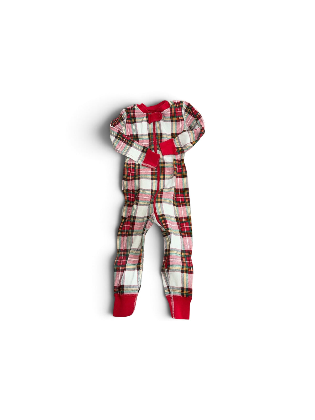 Hanna Andersson toddler plaid zippy pajamas in white, red, and green with red ribbed cuffs and a front zipper.