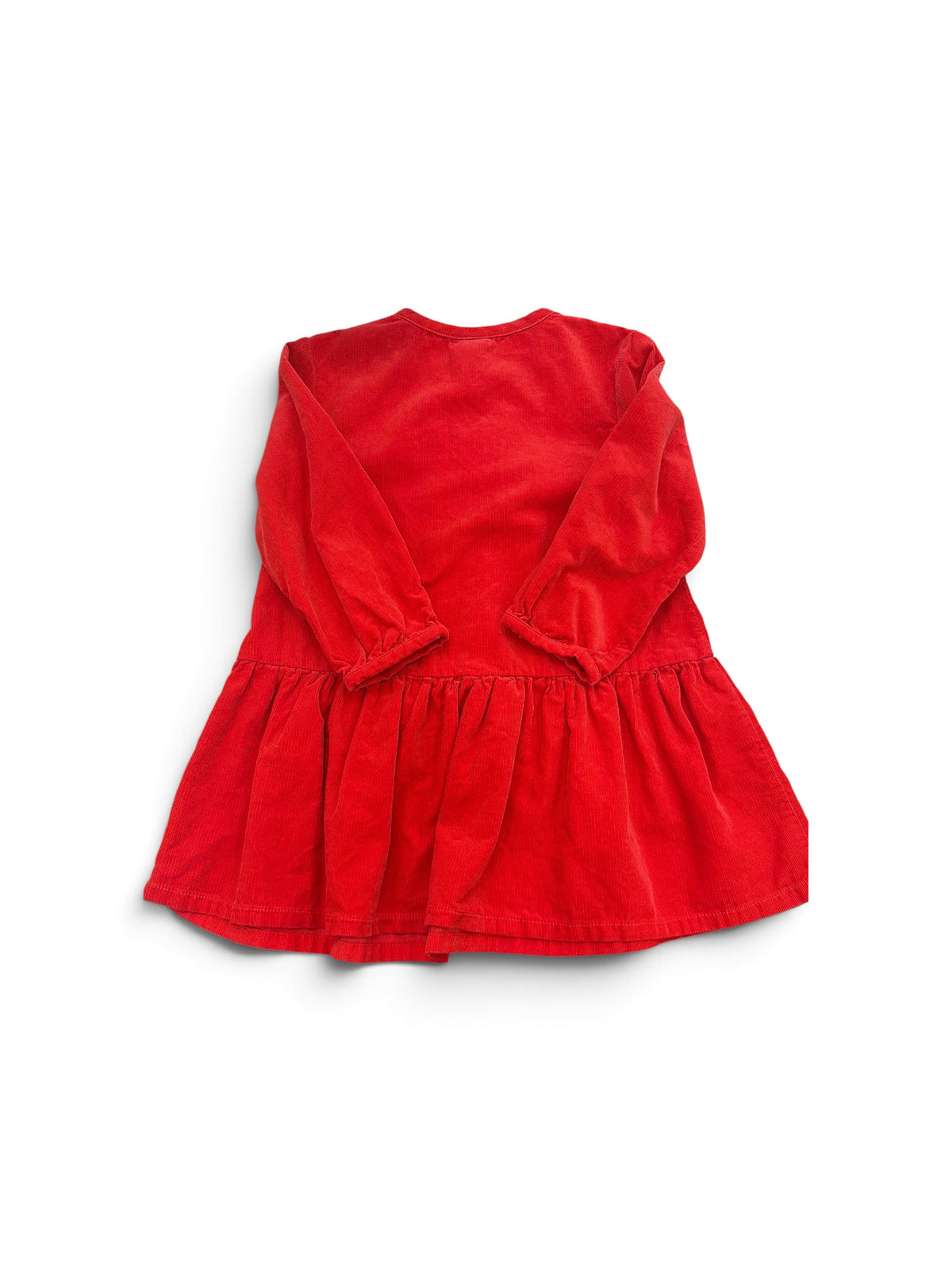 Hanna Andersson red long-sleeve corduroy dress with a gathered drop-waist skirt, size 4T.