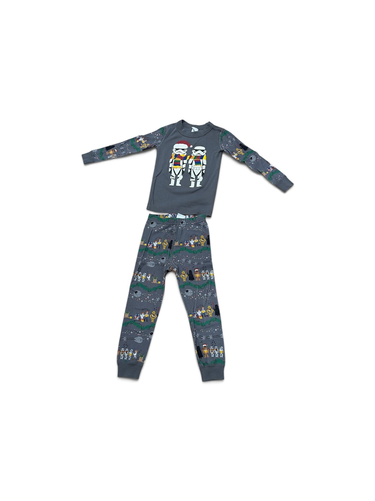 Hanna Andersson gray Star Wars holiday pajama set with Stormtrooper graphic and festive character print for toddlers.