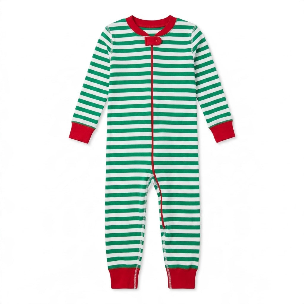 Hanna Andersson toddler holiday zippy pajamas in green and white stripes with red trim and front zipper closure.