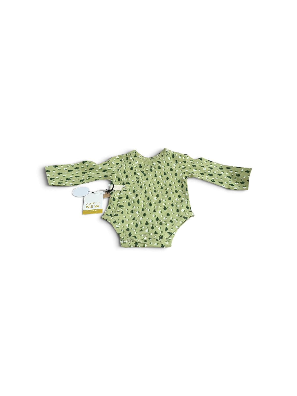 Helmsie long-sleeve baby bodysuit in sage green with a white pine tree print and snap-button closure.