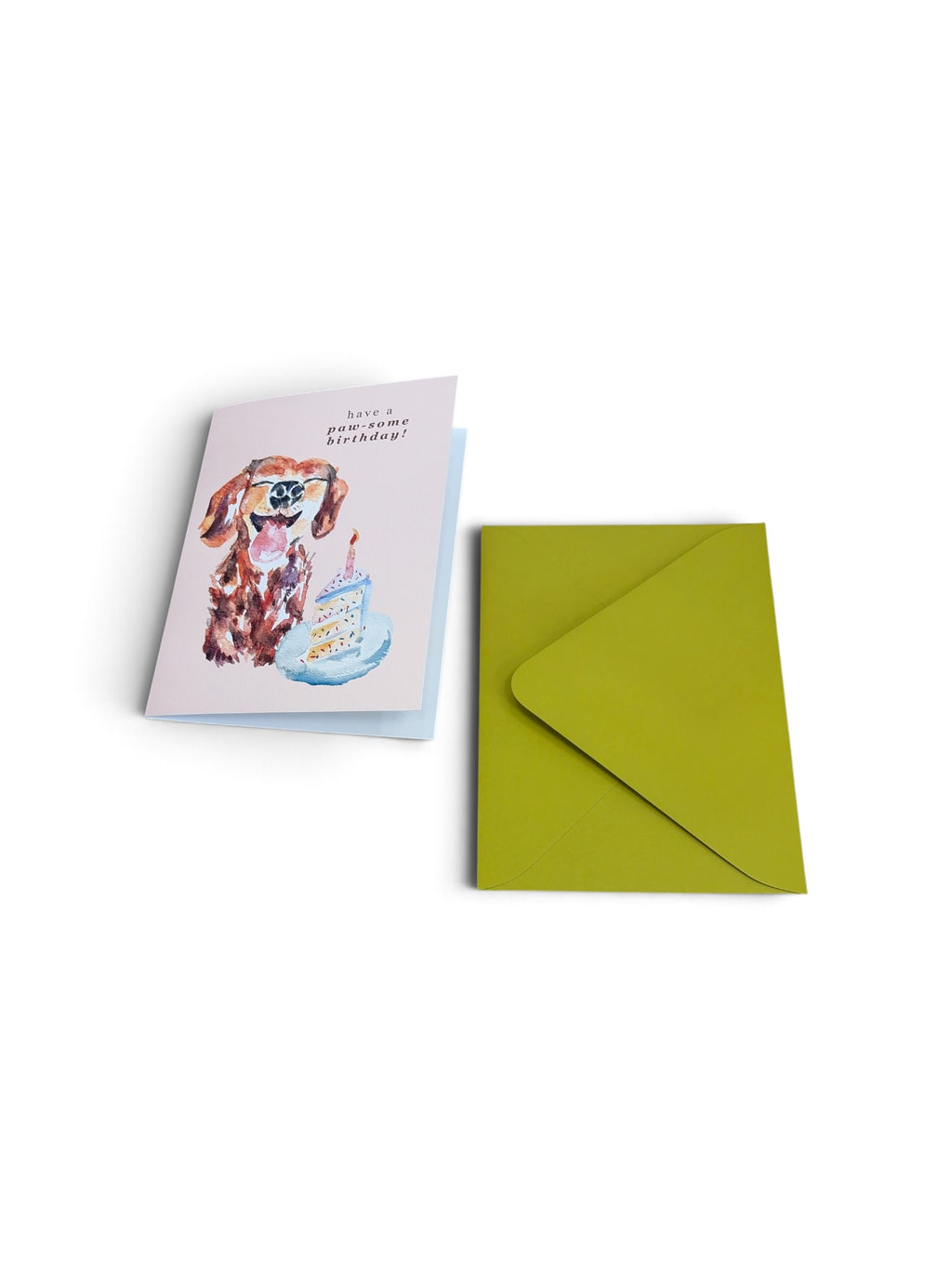 Birthday Dear Daughters greeting card featuring a watercolor dog wearing glasses with a birthday cake and green envelope