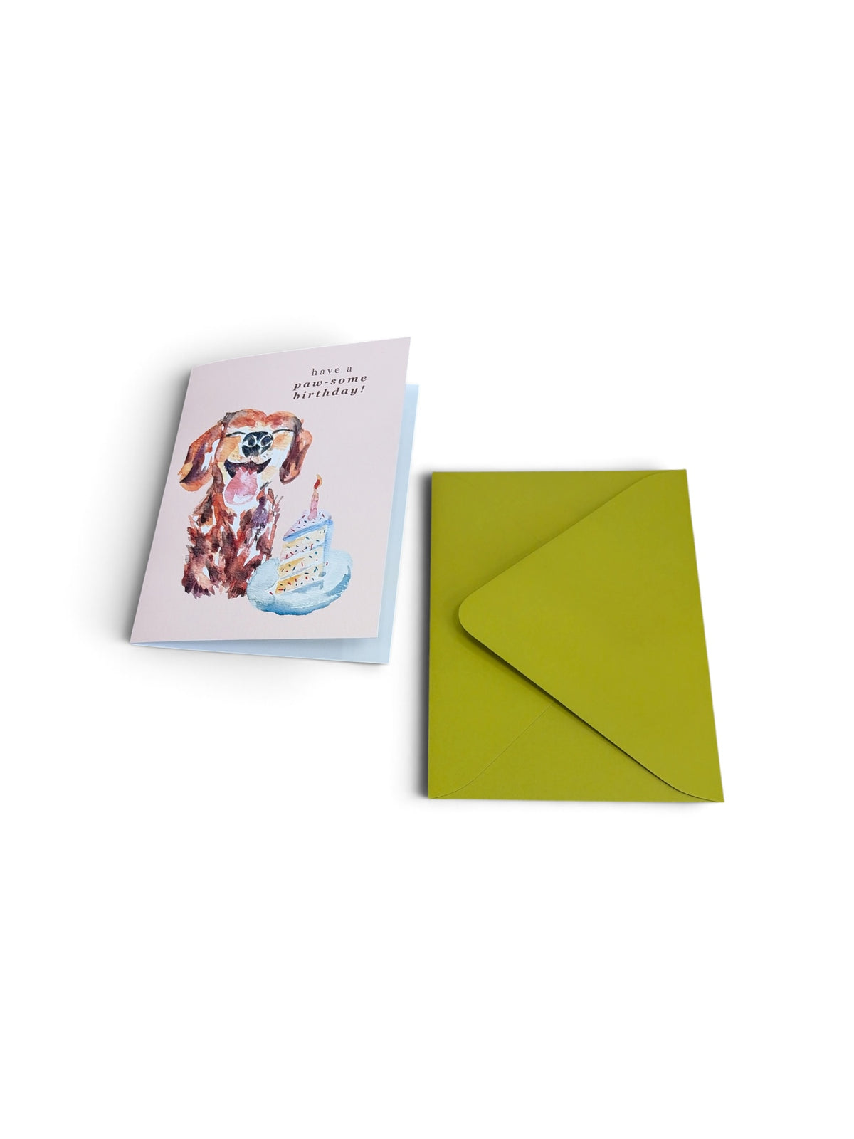 Birthday Dear Daughters greeting card featuring a watercolor dog wearing glasses with a birthday cake and green envelope