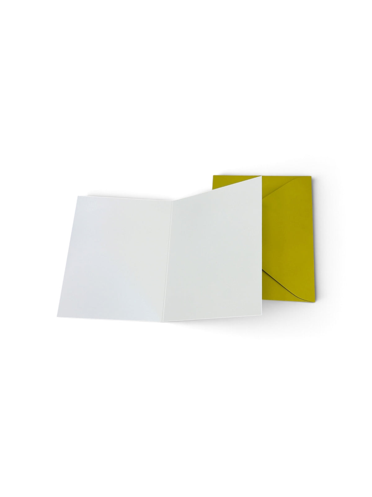 Open blank white greeting card with a solid olive green envelope on a white background.