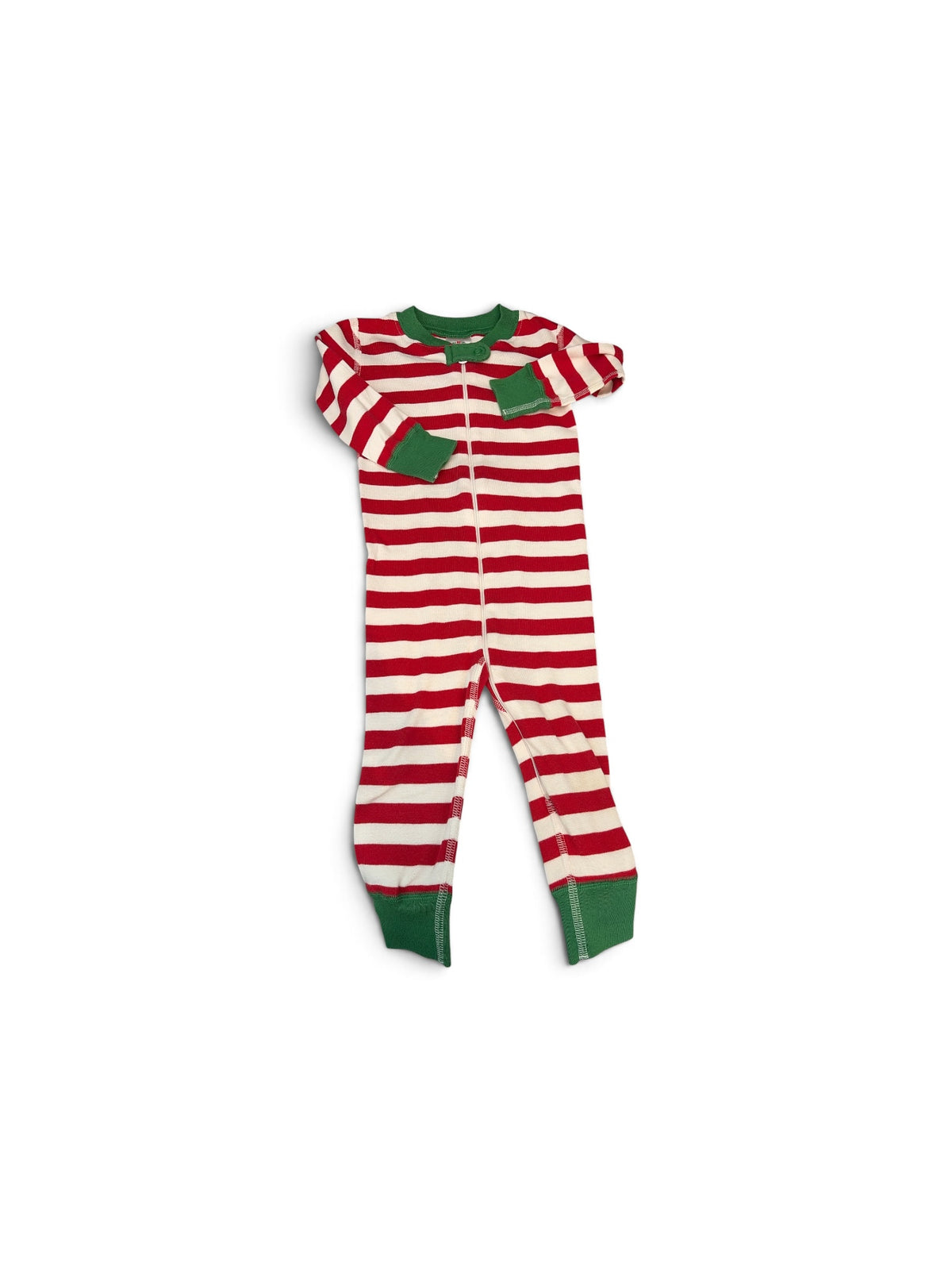 Hanna Andersson baby zippy pajamas in red, white, and green holiday stripes with green ribbed cuffs.