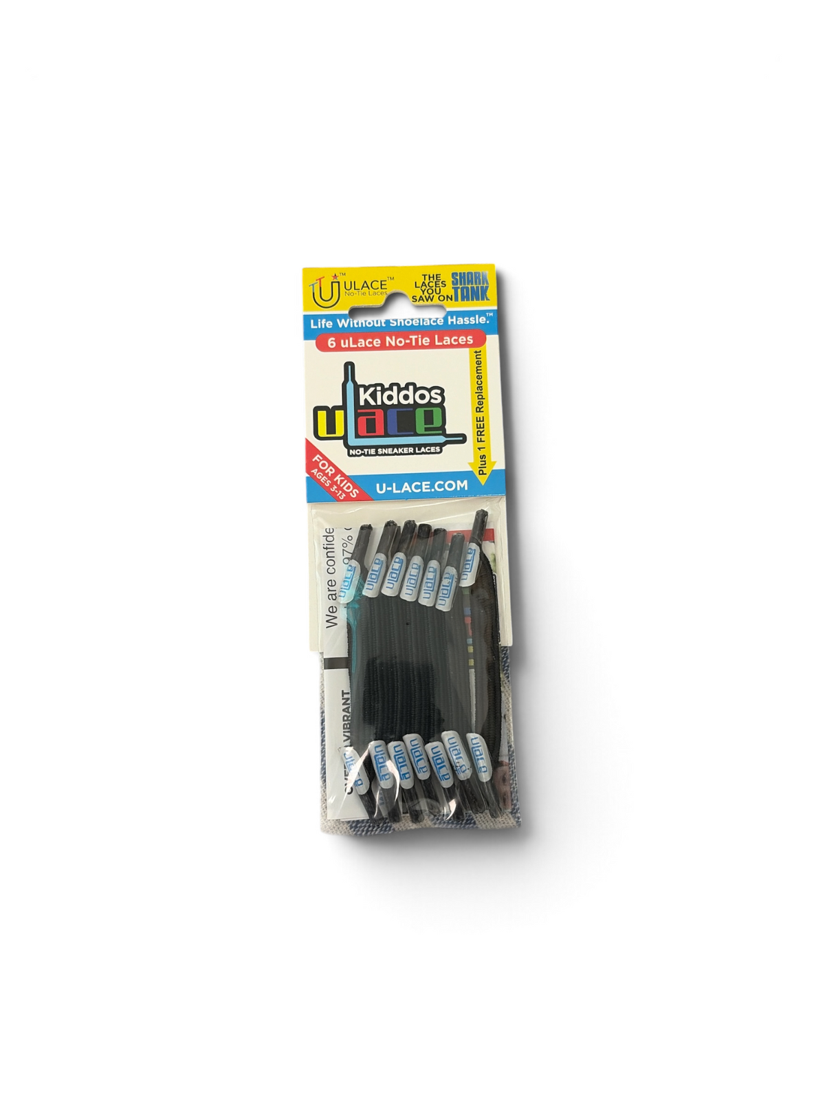 Black U-Lace No-Tie Sneaker Laces 6-Lace Pack , Kiddos