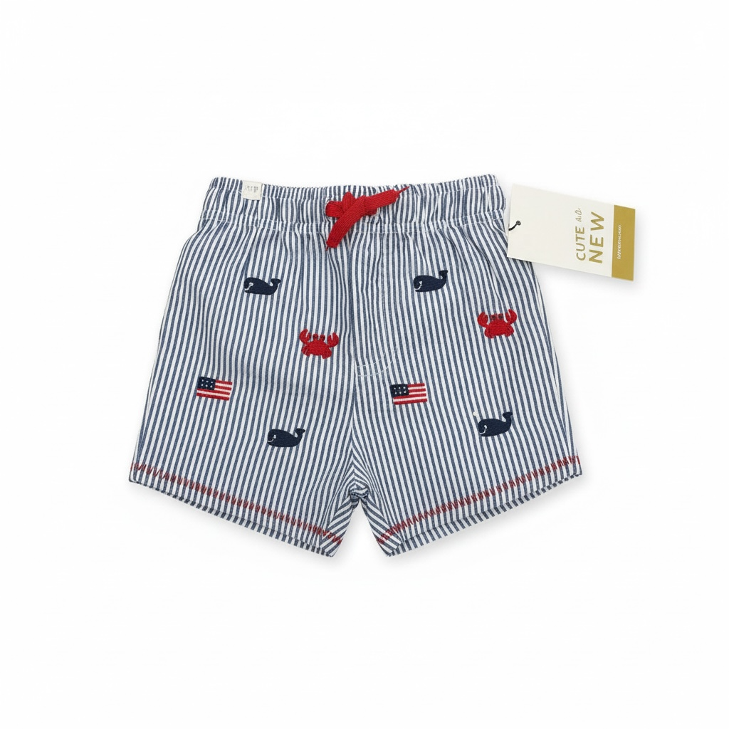 Blue/White/Red Mudpie Seersucker Swim Trunks, 6-9M (Brand New with Tags)