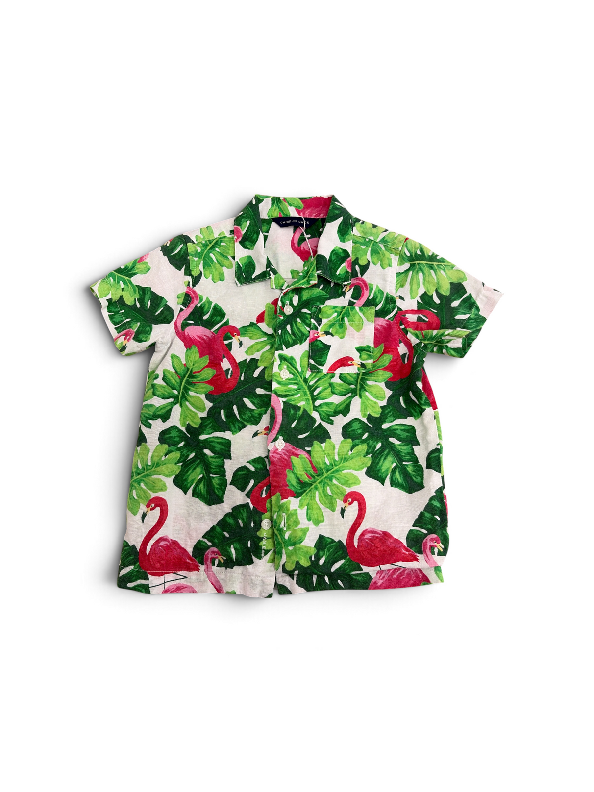 Green/White/Pink  Janie and Jack Flamingo Short Sleeve Button Down, 3T
