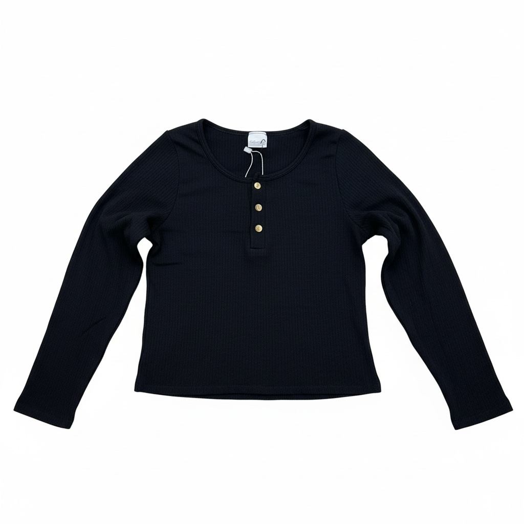 Black Suzette Ribbed Long Sleeve, 8-10Y
