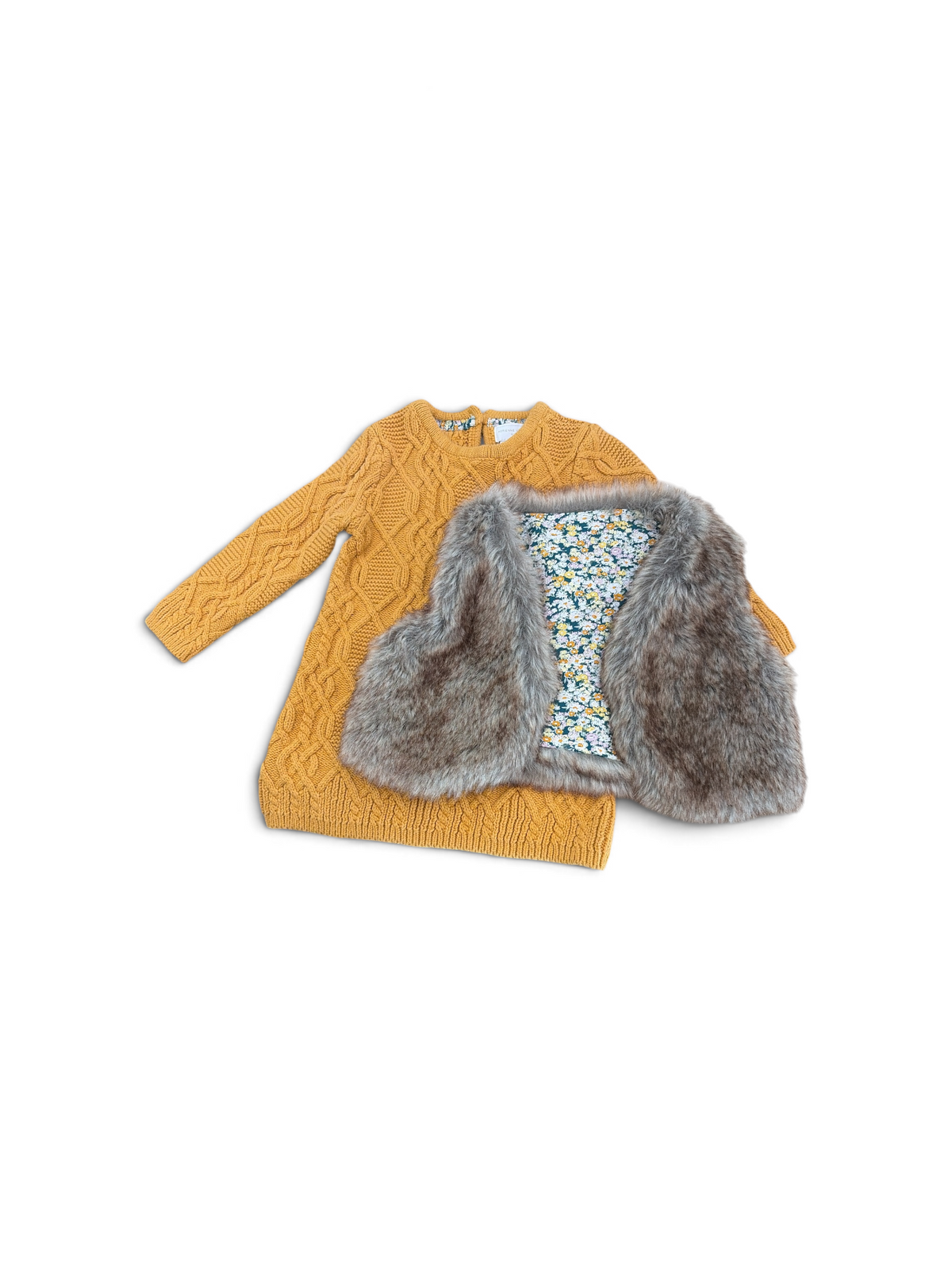 Mustard Adrienne Vittadini Girl Sweater/Faux Fur Vest Set, 18M