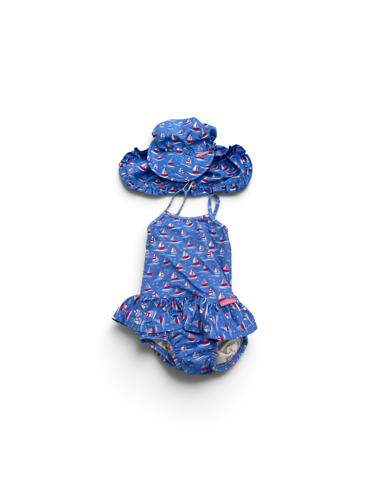 Blue/Pink JoJo Maman Bébé Sailboat Swimsuit/Diaper with Hat, 6-12M