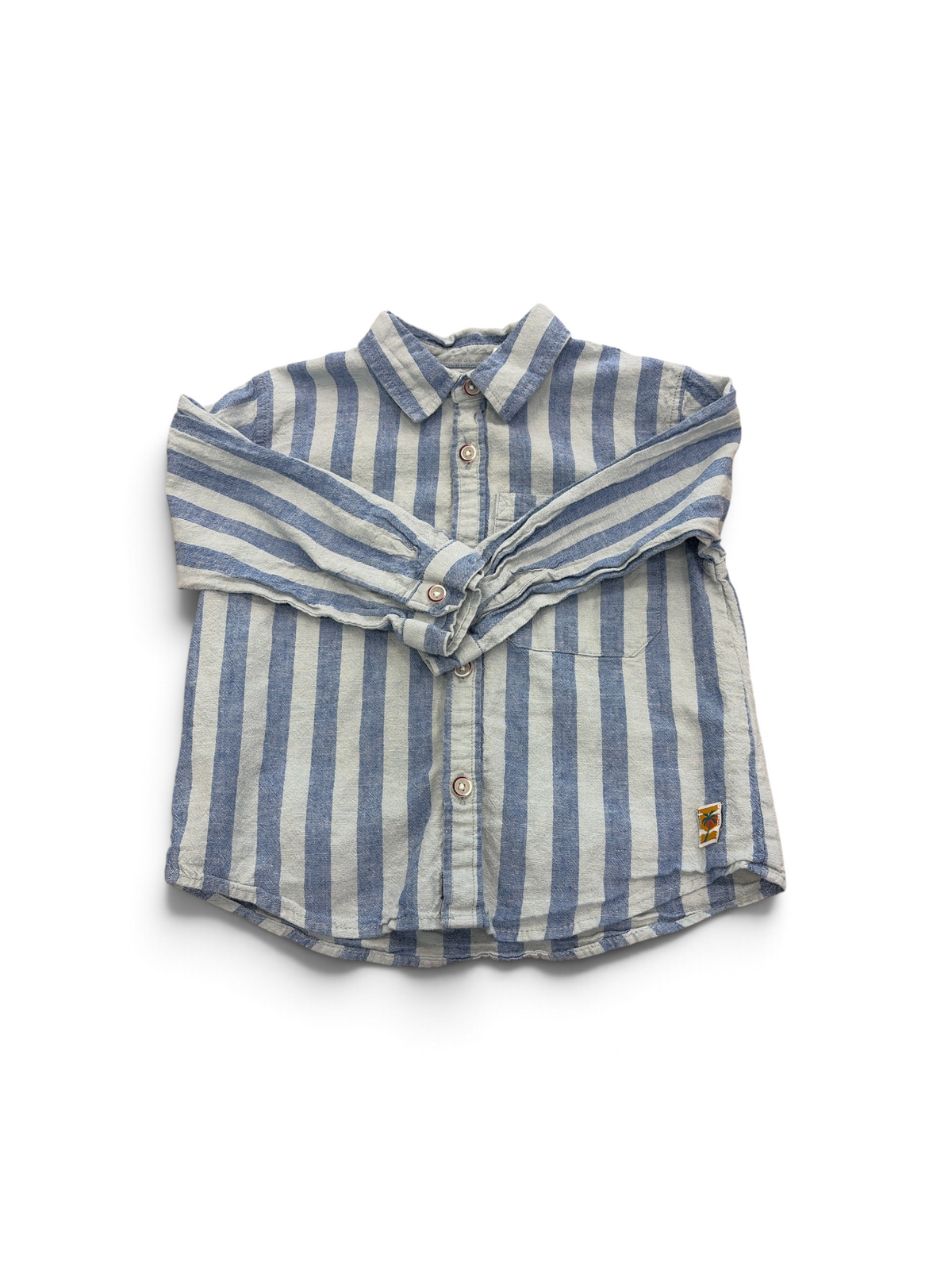 Blue/Green Zara Striped Linen Button Down, 18-24M