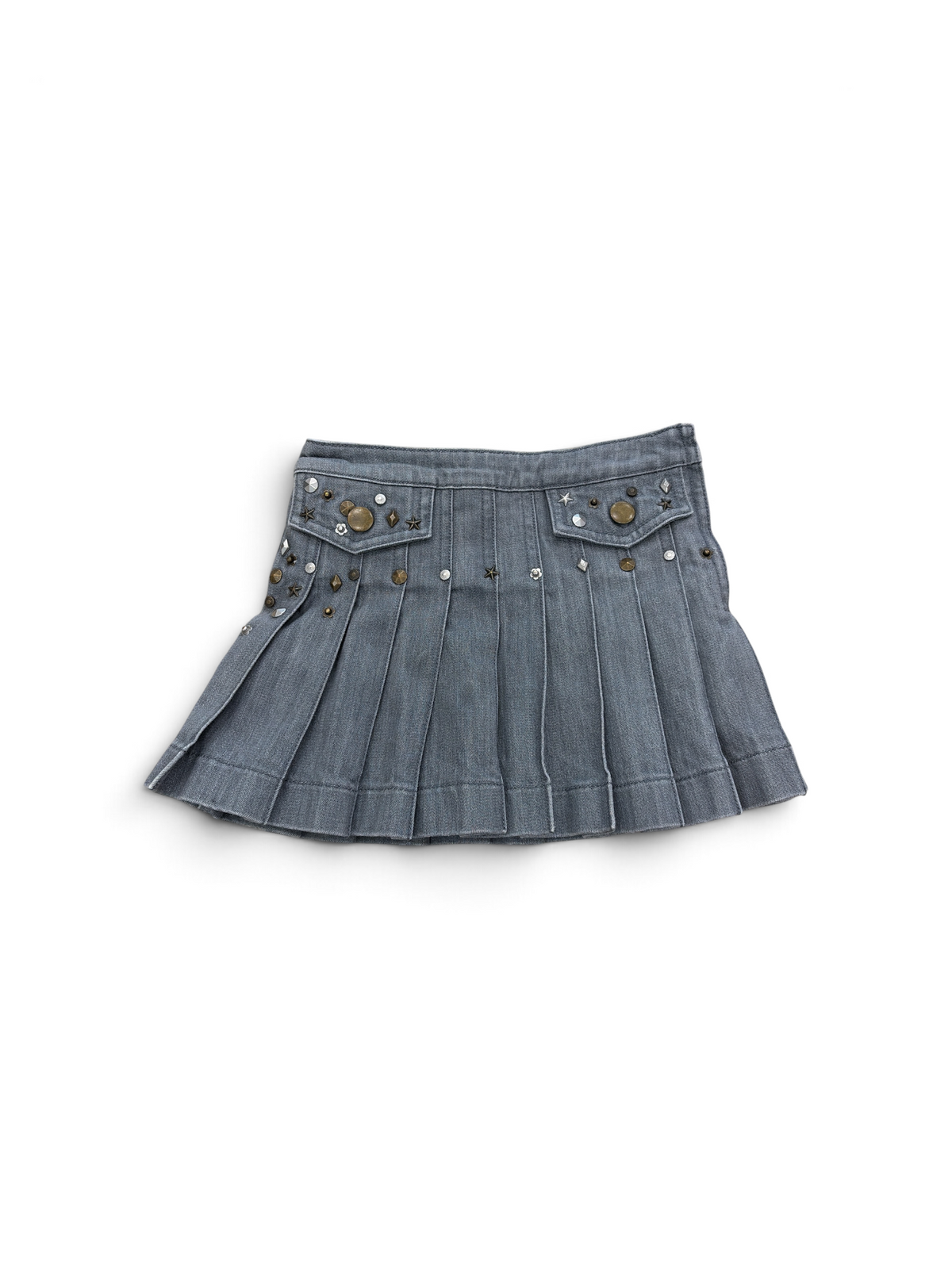 Gray Lili Goufrette Pleated Stud Denim Skirt, 23M