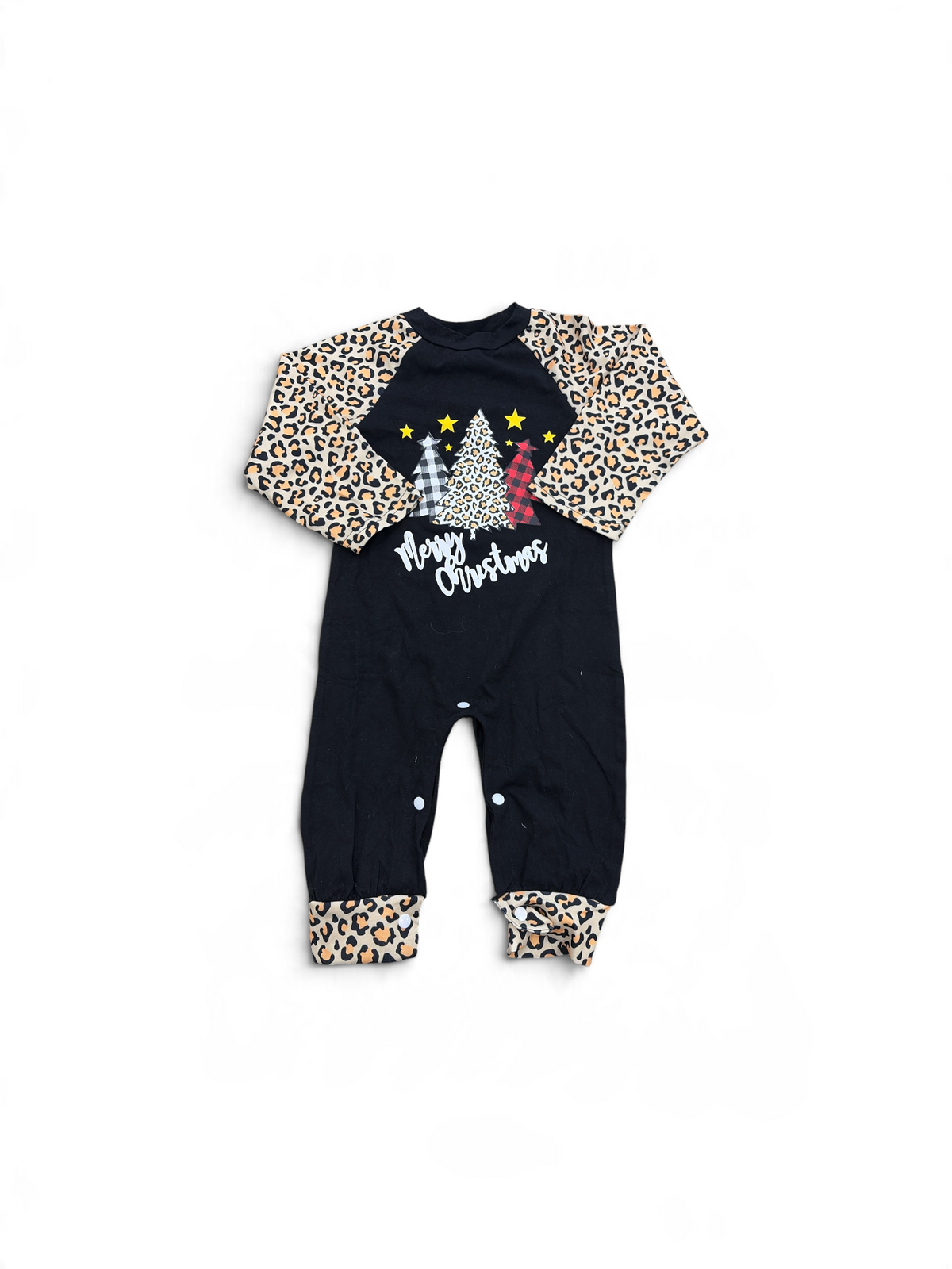 Black PatPat Leopard Christmas Jumpsuit, 9-12M (Brand New with Tags)