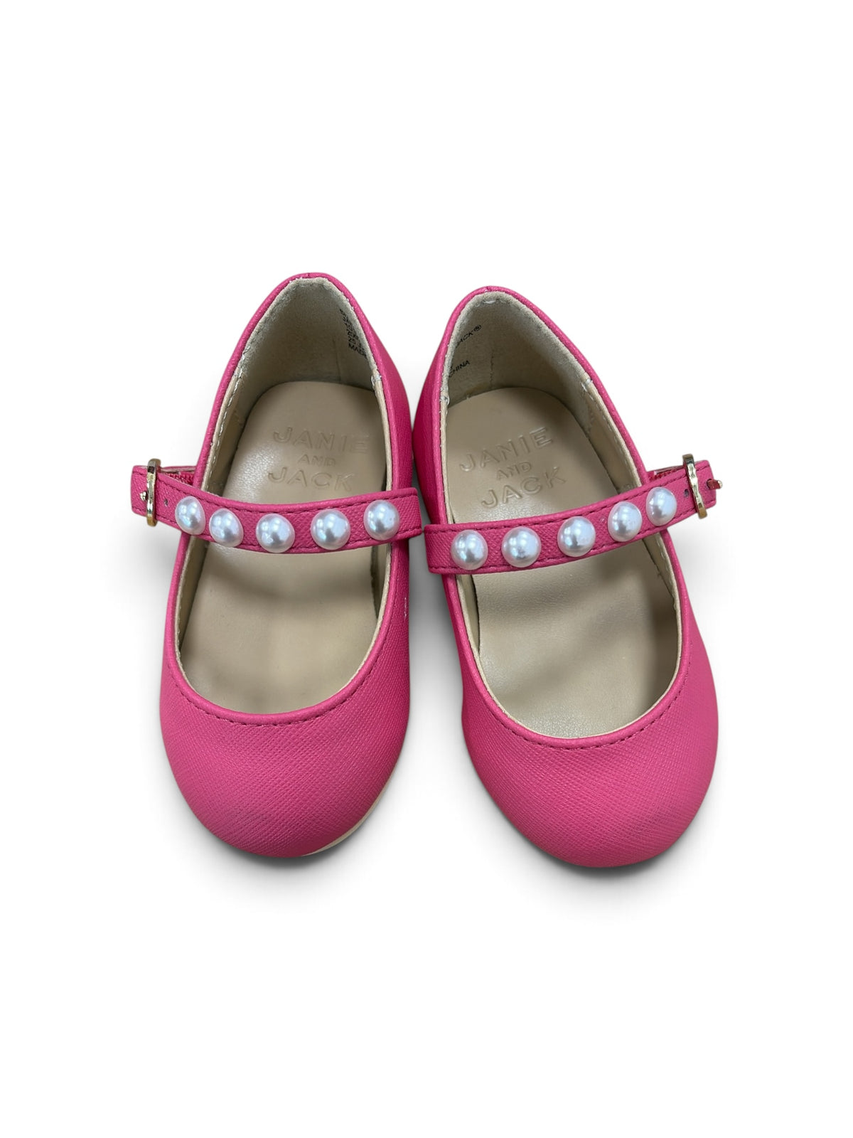 Janie and Jack magenta Mary Jane shoes for girls featuring a pearl-embellished strap and gold-tone buckle.