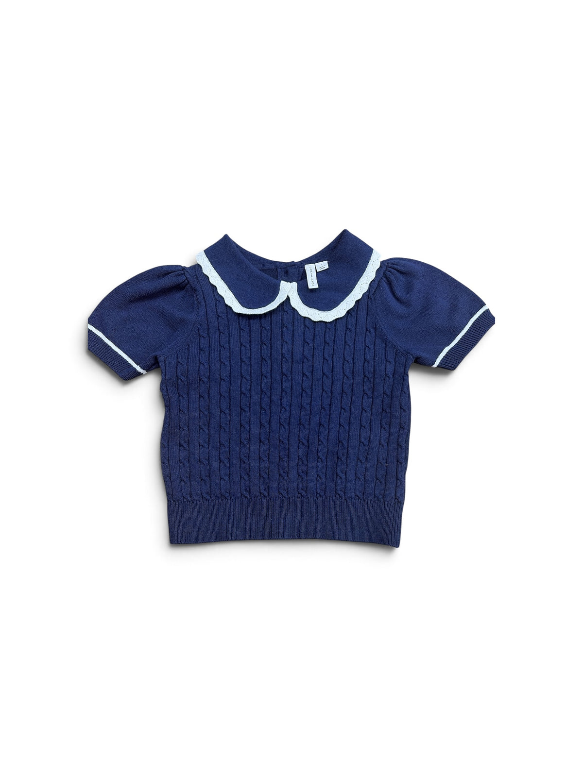 Janie and Jack navy blue cable knit sweater tee with a white scalloped collar and short puff sleeves.