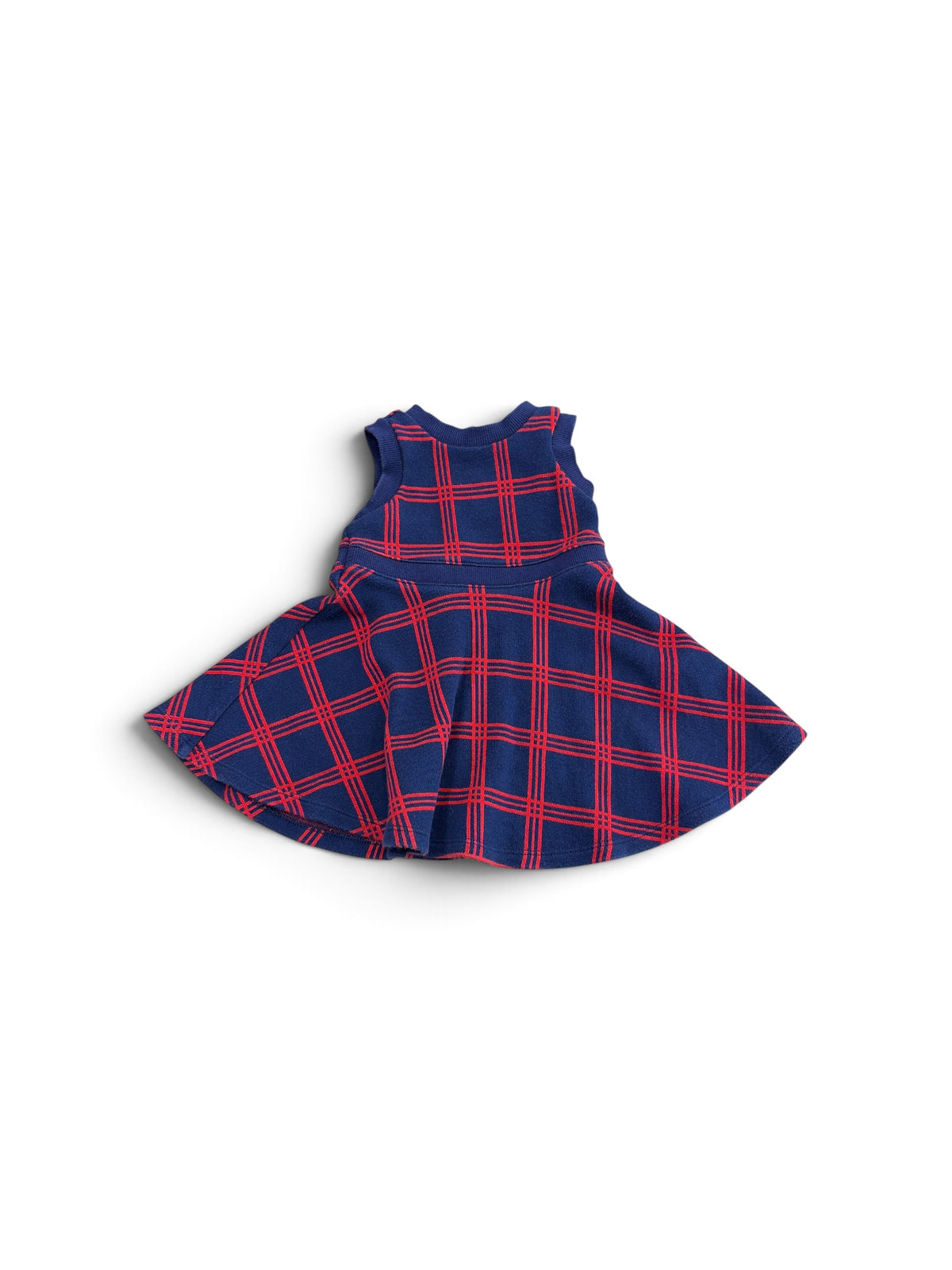 Janie and Jack navy and red plaid sleeveless knit vest dress for infants.