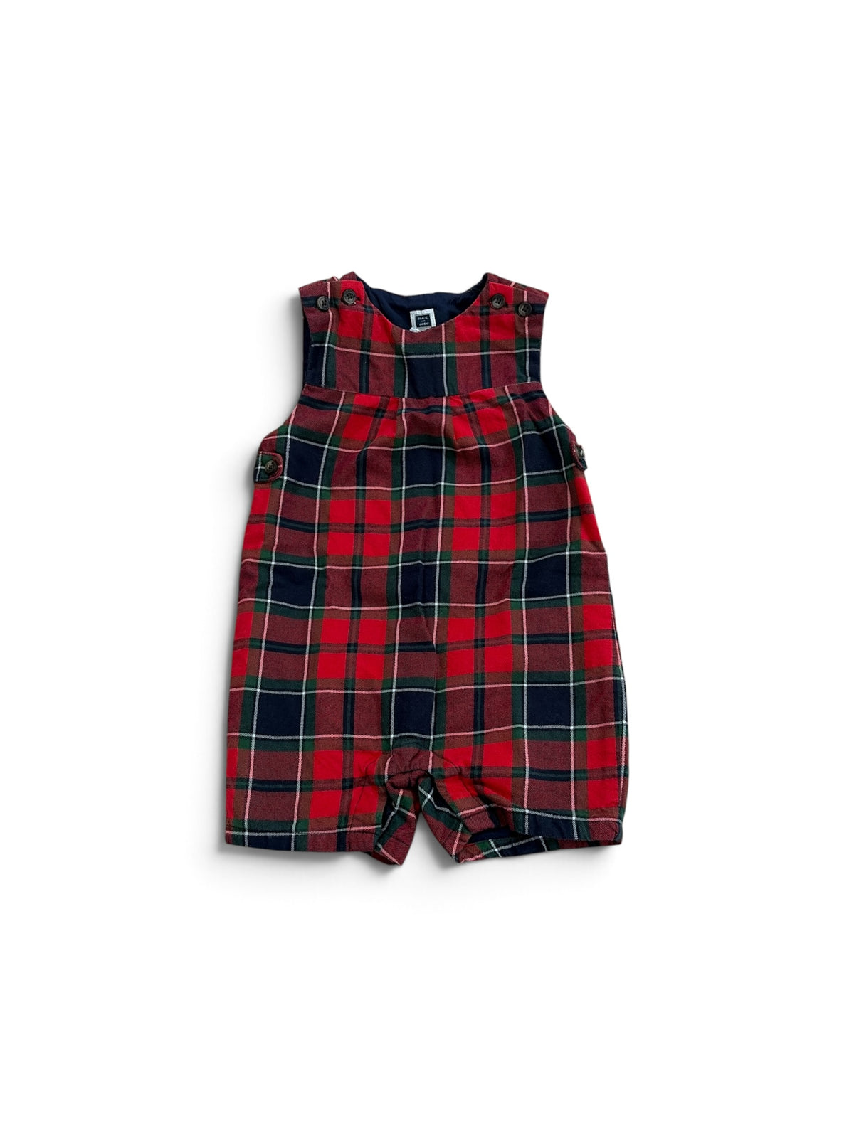 Janie and Jack toddler plaid romper in red, blue, and green with button shoulder and side closures.