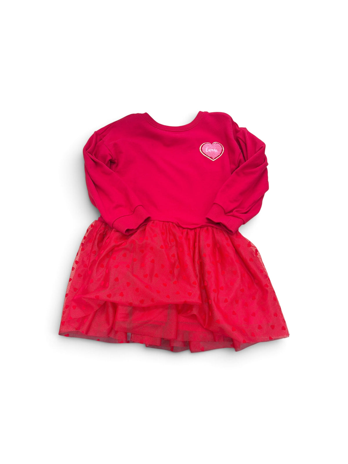 Janie and Jack red long-sleeve sweatshirt dress with a heart patch and layered tulle skirt featuring heart patterns.