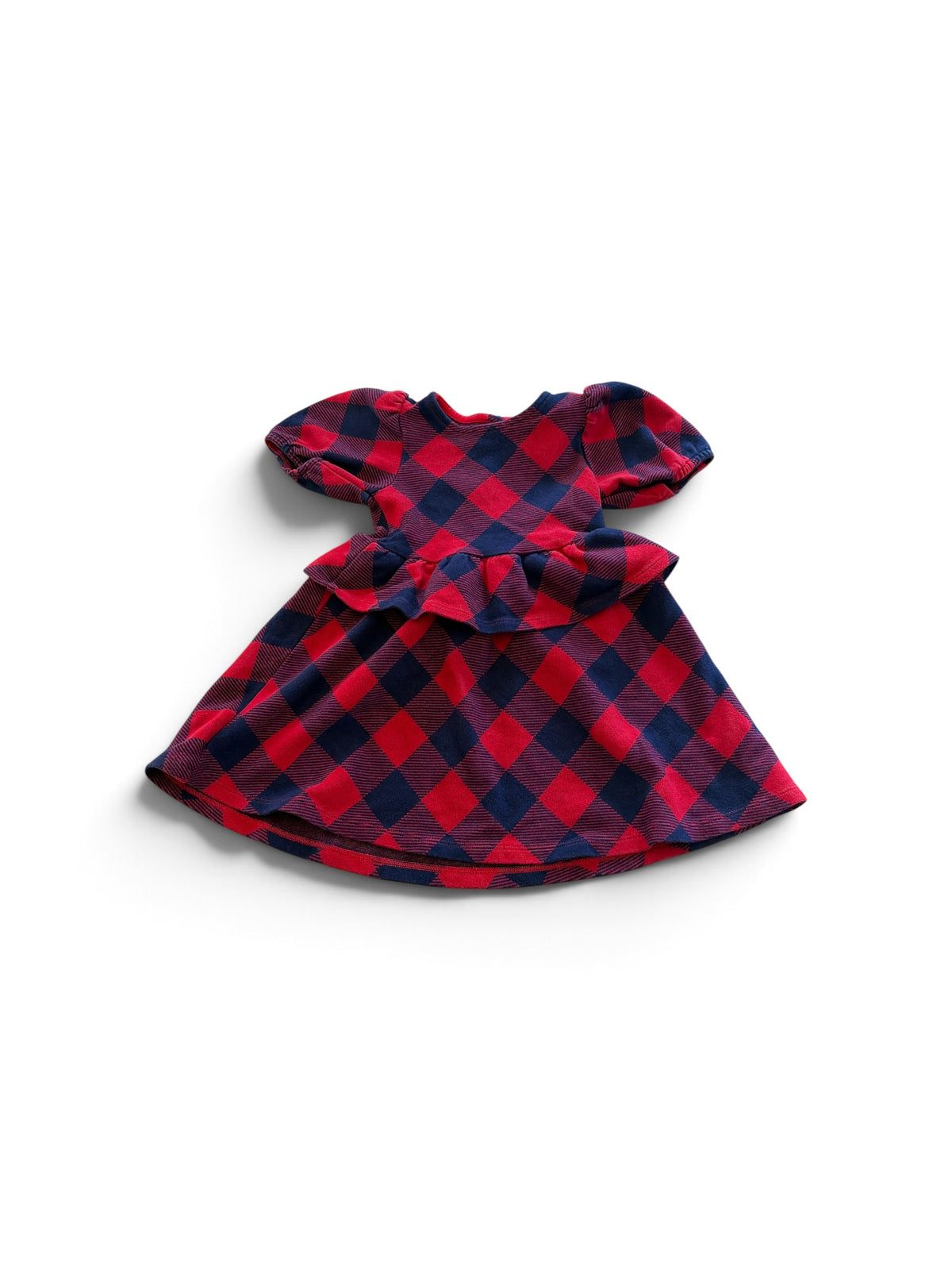 Janie and Jack toddler girls red and navy plaid holiday dress with puff sleeves and a ruffled waist detail.