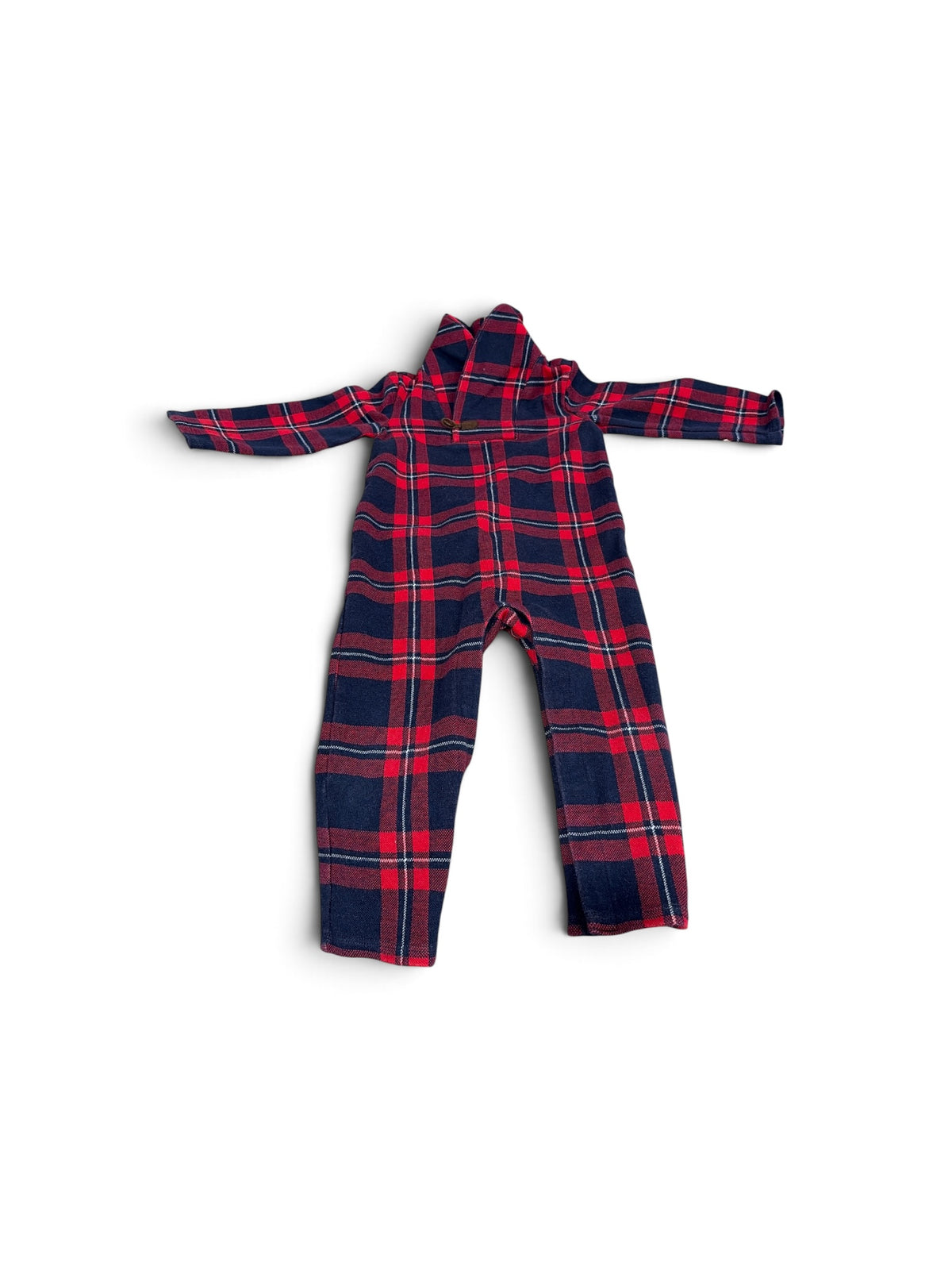Janie and Jack toddler one-piece in red and navy plaid flannel with a shawl collar and button detail.