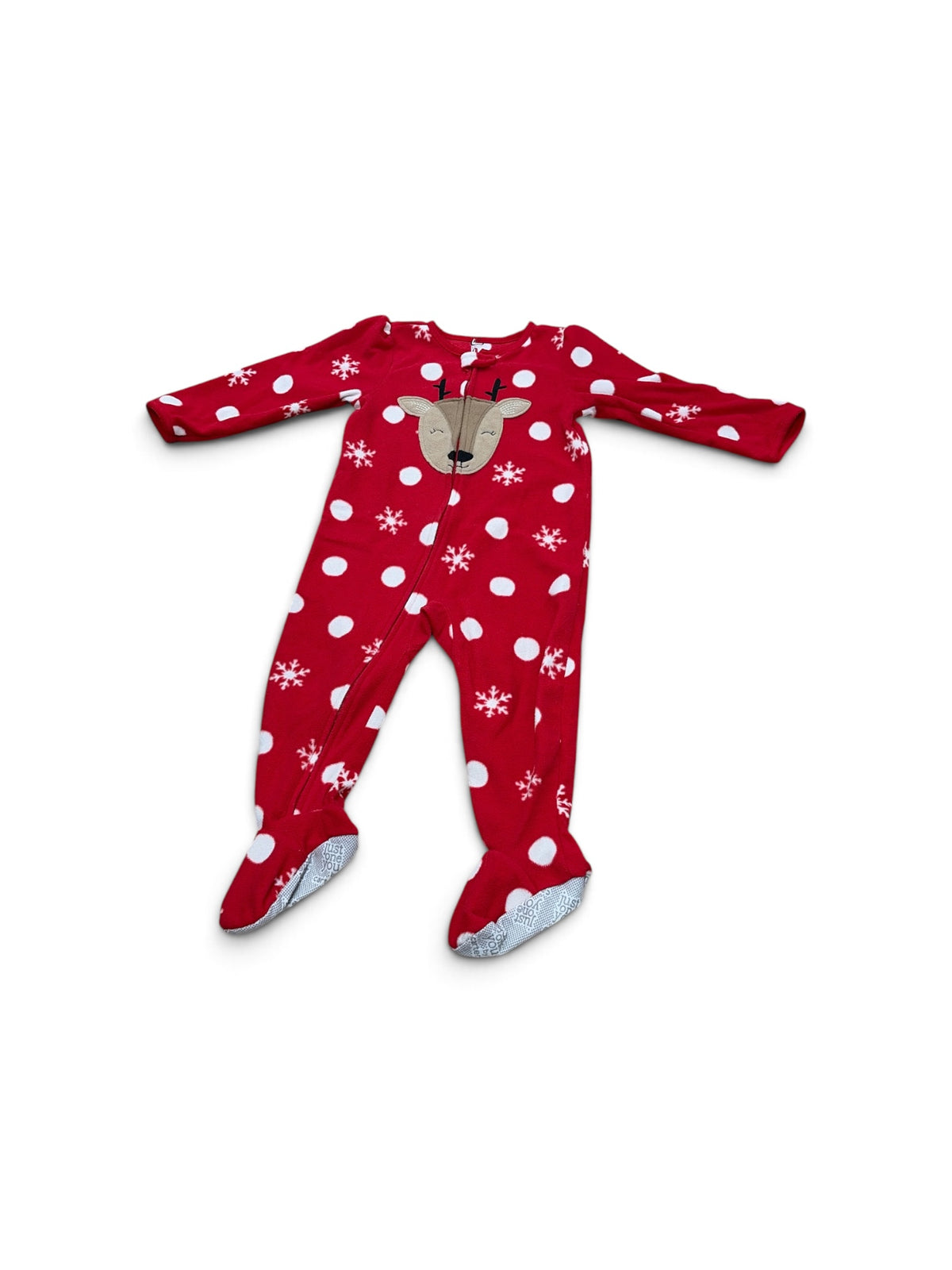 Just One You by Carter's red fleece footed sleeper with white polka dots, snowflakes, and a reindeer applique.