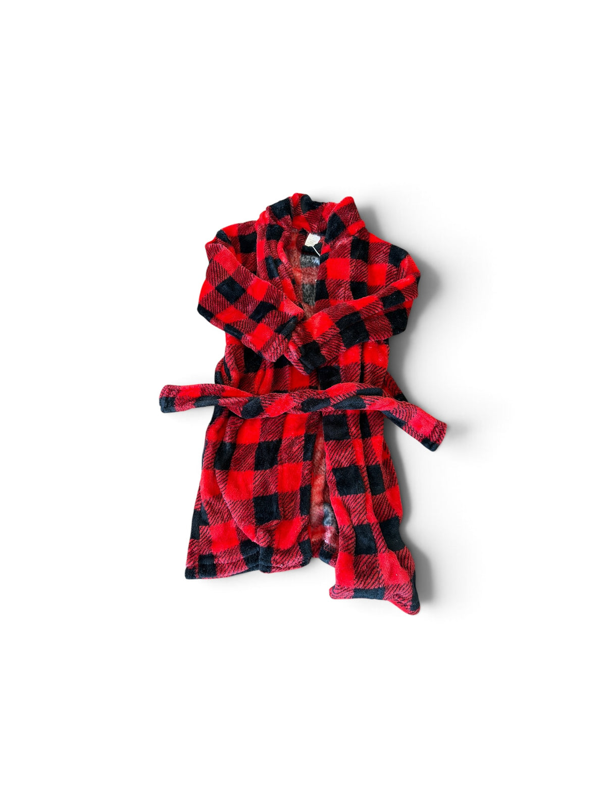 Kids 3T plush buffalo plaid robe in red and black with a tie waist belt.