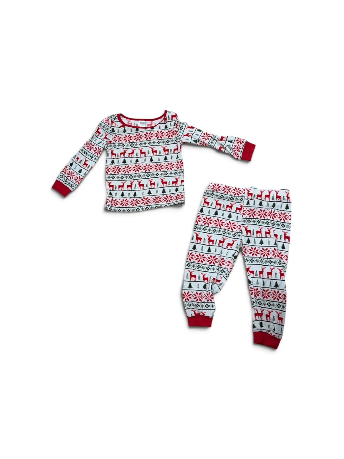 Kids white long-sleeve pajama set featuring a red and green Fair Isle reindeer and Christmas tree pattern.