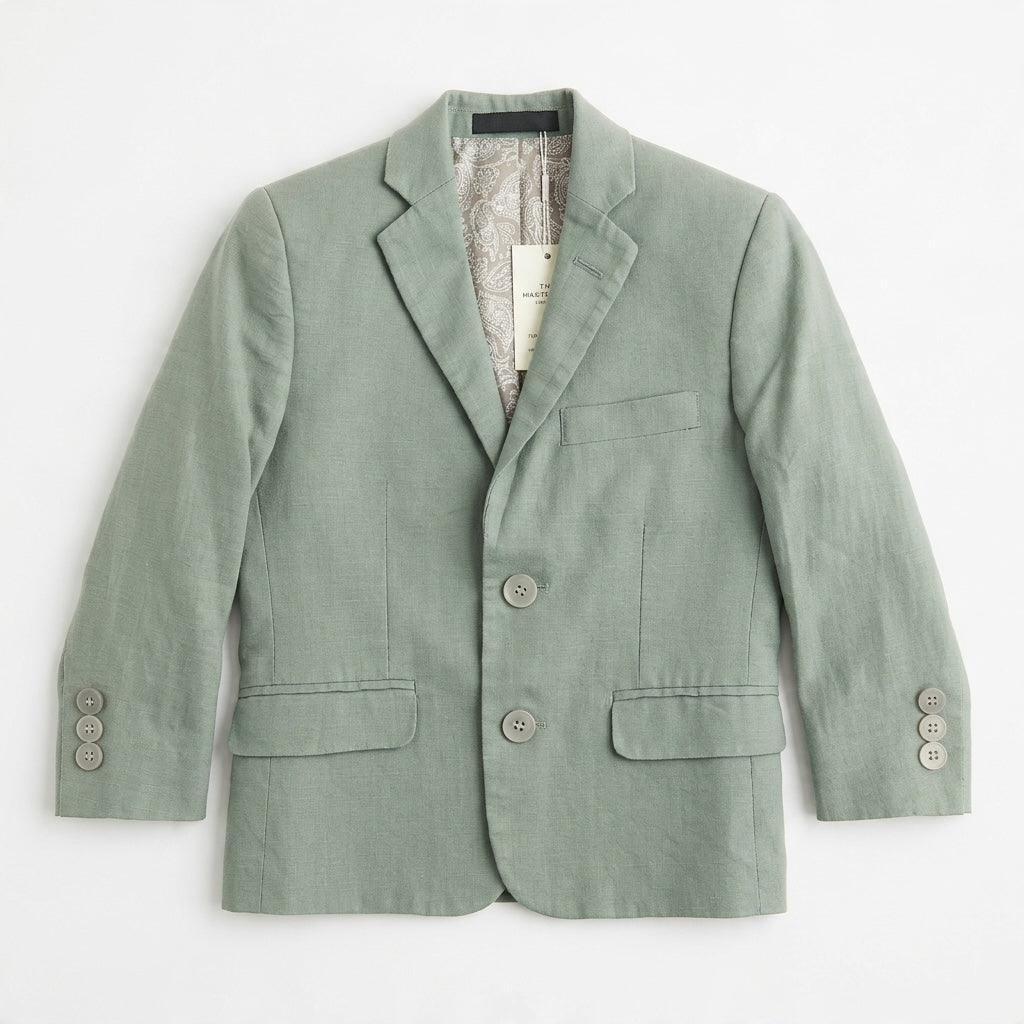 Lauren Ralph Lauren olive green linen blazer with notched lapels, two-button closure, and paisley interior lining.