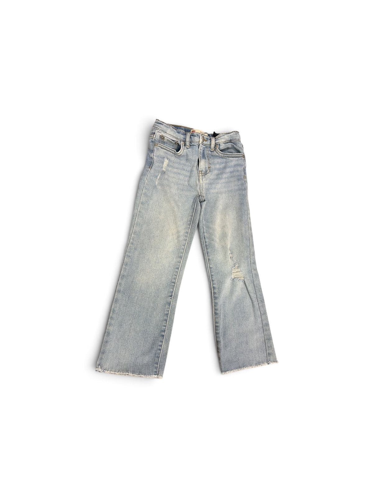 Levi's light blue wide-leg denim jeans for girls with a frayed hem and distressed detailing.