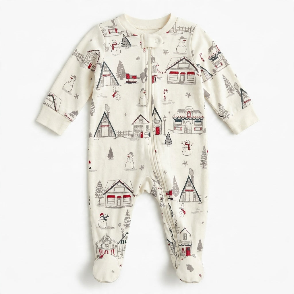 Little Planet by Carter's cream cotton baby zippy featuring a festive winter village and snowman print.