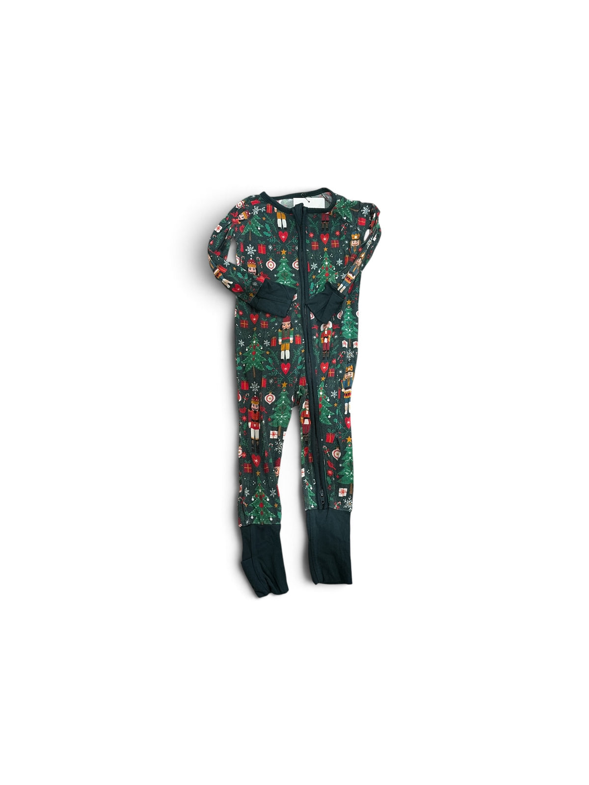 Little Sleepies green bamboo viscose zippy pajamas with a festive nutcracker and Christmas tree print