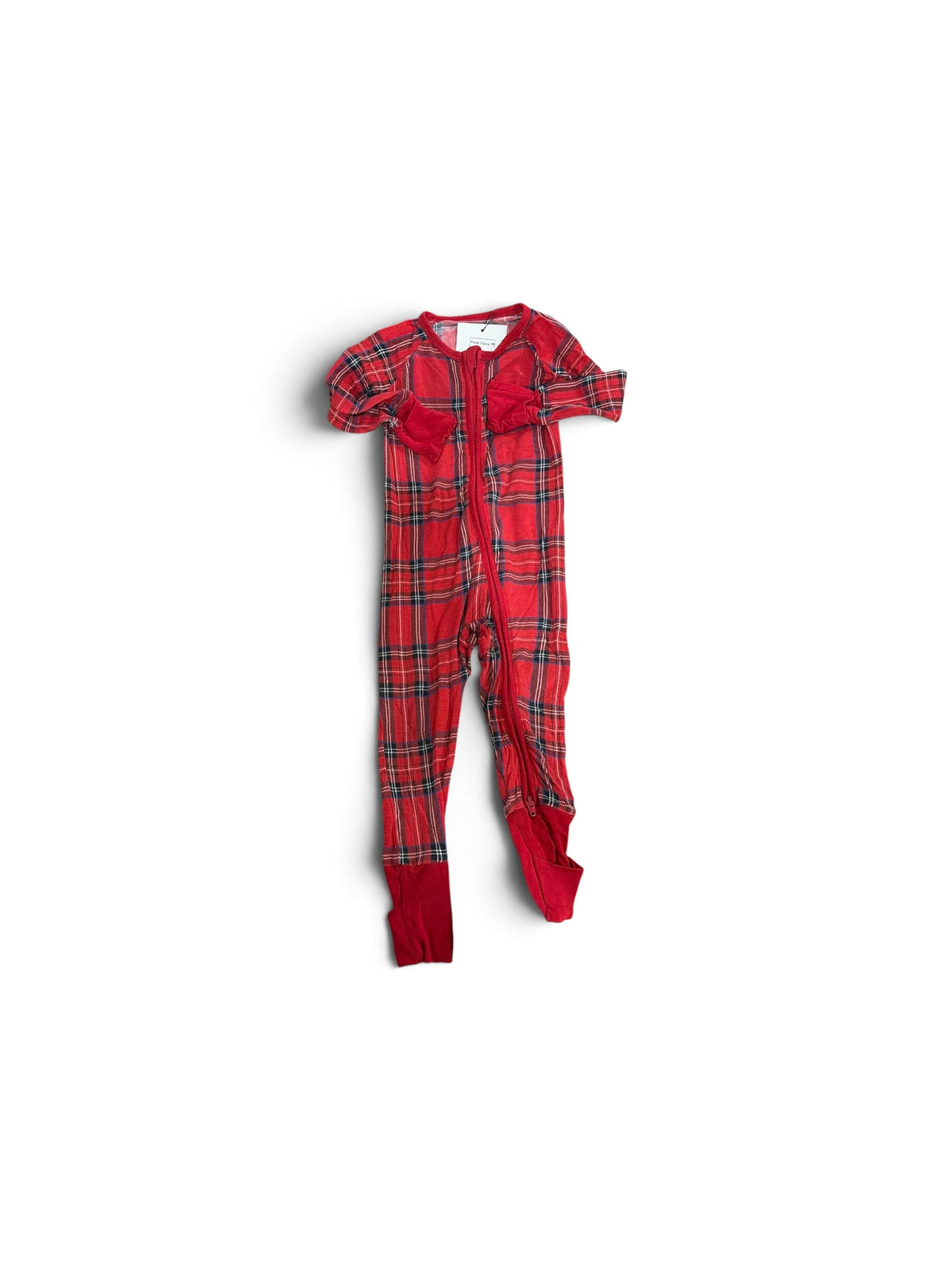 Little Sleepies red plaid bamboo viscose zippy pajama for babies with long sleeves and footed design.