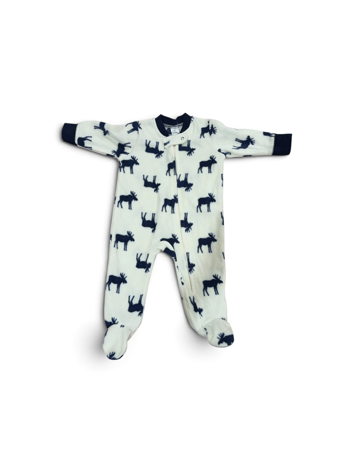 Little Treasure cream fleece baby zippy with blue moose print and navy trim