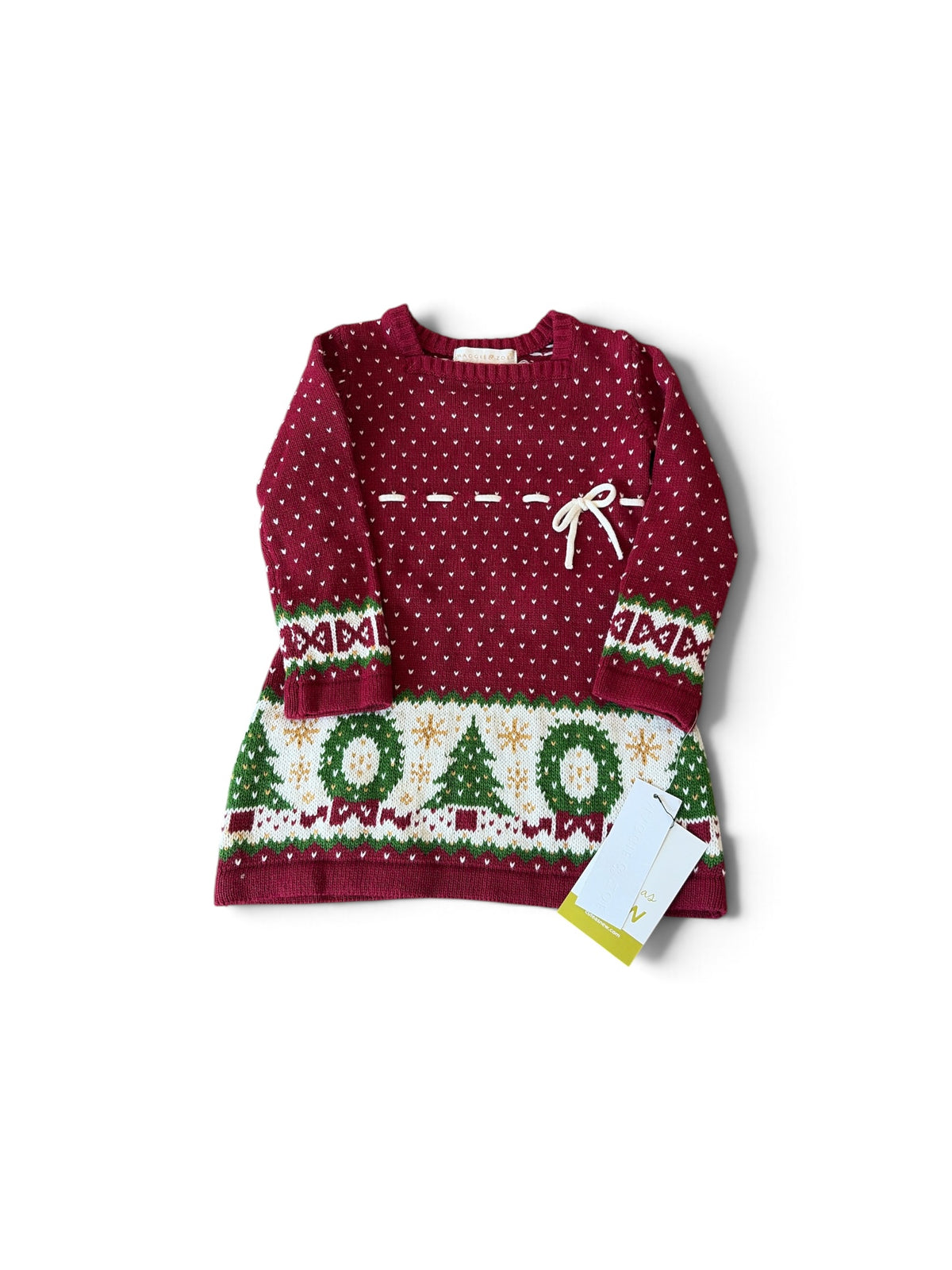 Maggie & Zoe red and white knit Christmas sweater dress for toddlers with festive tree and snowflake patterns.