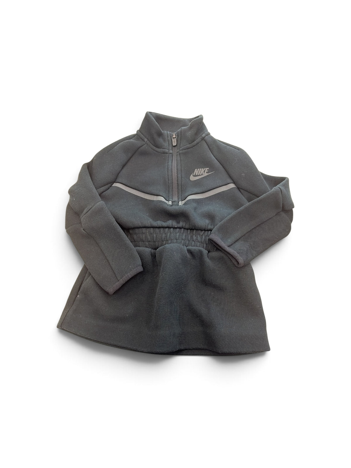 Toddler girls black Nike fleece zip-up dress with long sleeves and a cinched waist.