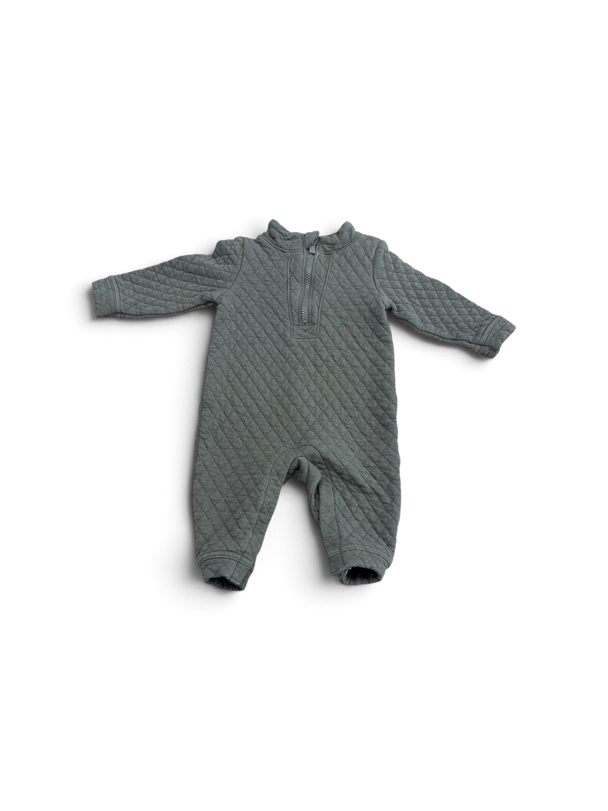 Old Navy olive green quilted baby one-piece with a front quarter-zip closure and long sleeves.