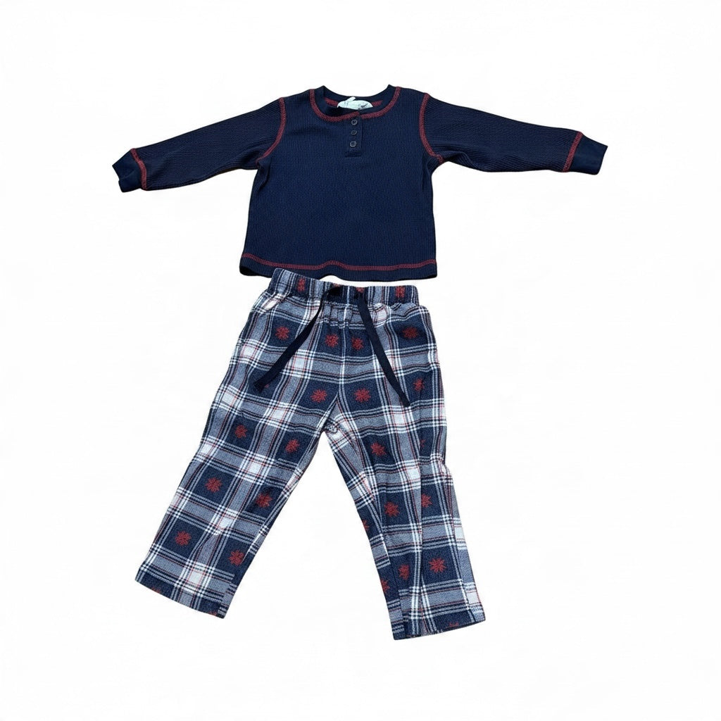 PajamaGram toddler holiday pajama set with a navy thermal long-sleeve top and plaid flannel pants with snowflake print