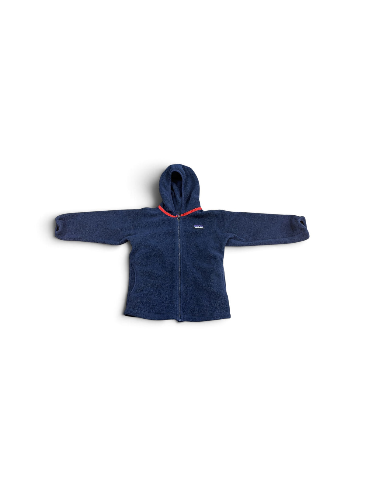 Patagonia navy blue hooded fleece jacket for toddlers with a full-zip front and red trim detail.