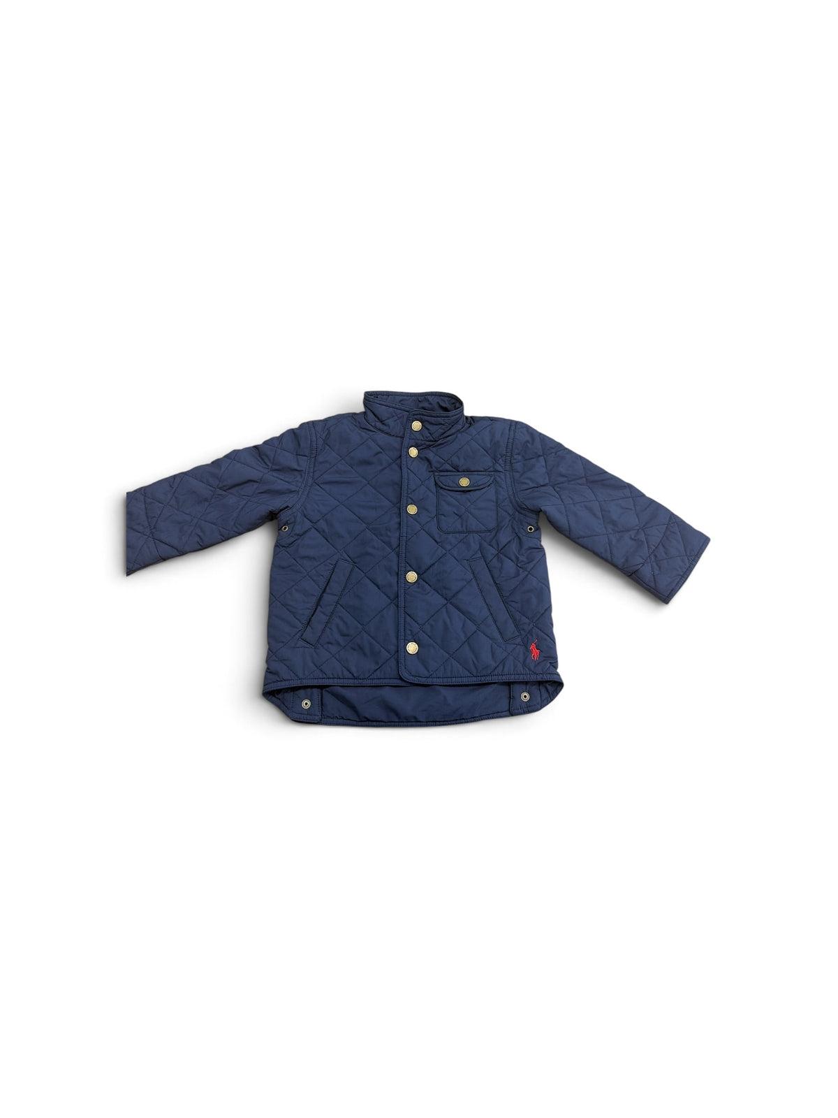 Polo Ralph Lauren navy quilted jacket for toddlers with gold-tone buttons and red logo embroidery.