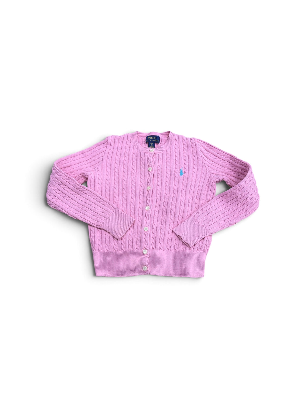 Polo Ralph Lauren girls pink cable-knit cotton cardigan with button front and embroidered blue logo