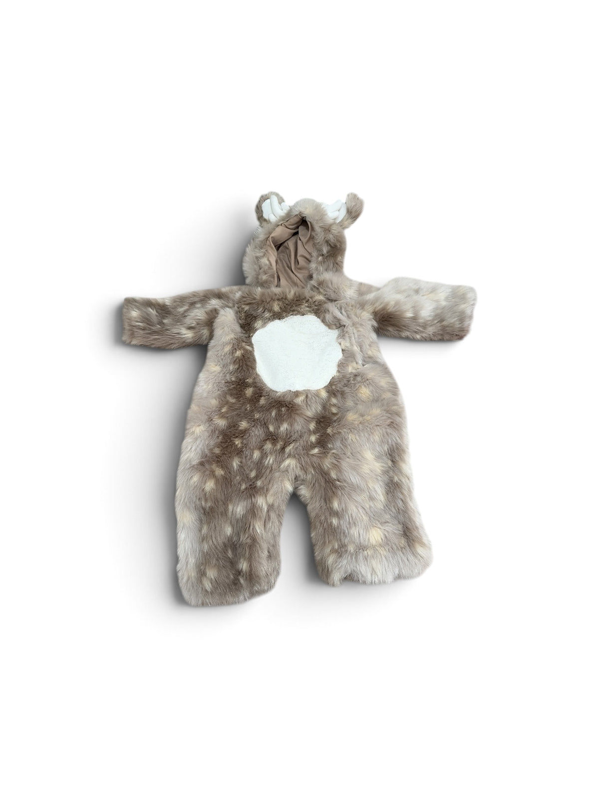 Pottery Barn Kids brown faux fur reindeer costume for babies with white belly patch and hood with antlers