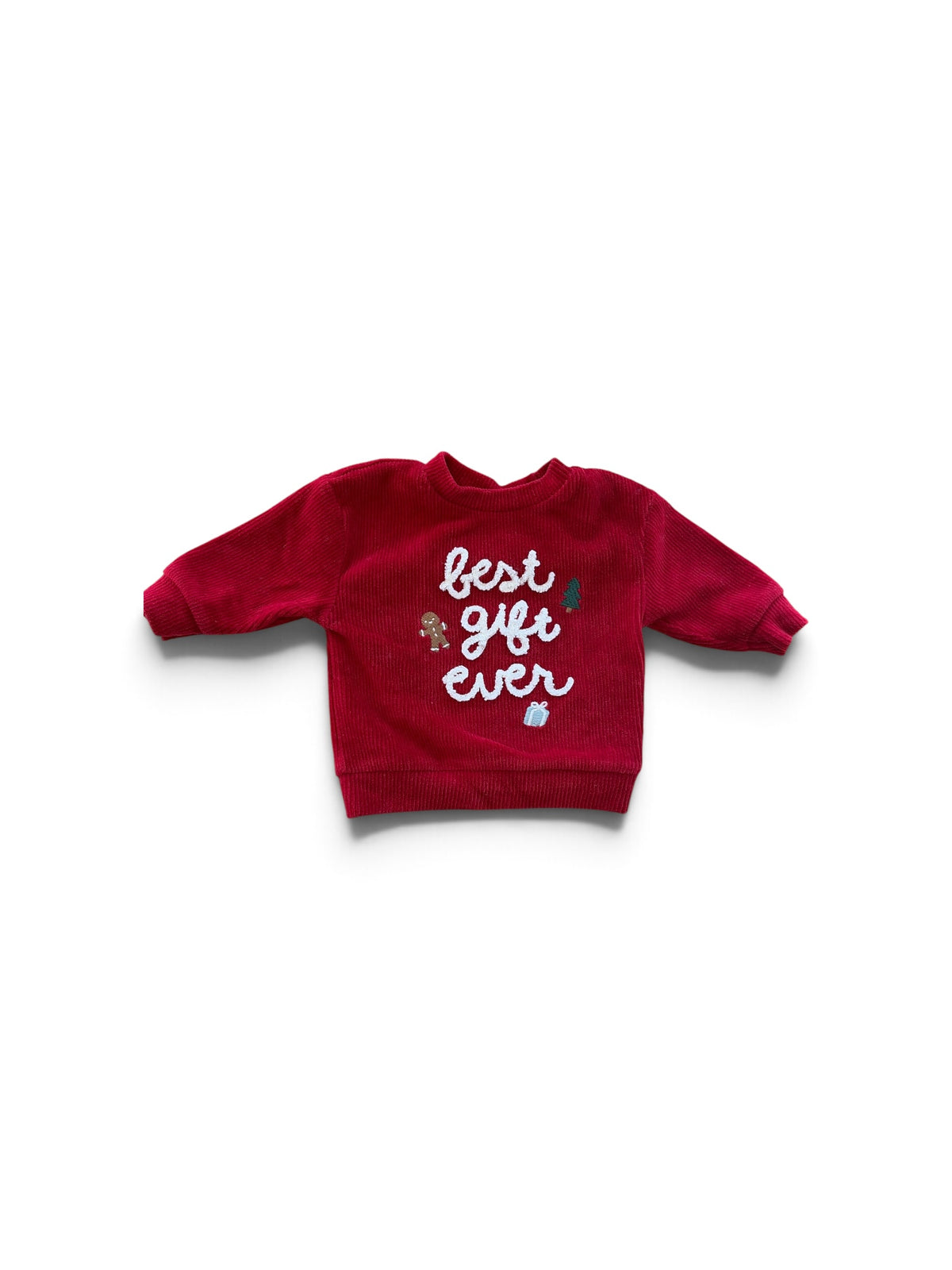 Red Carter baby corduroy sweater in deep red with Best Gift Ever embroidery and holiday motifs.