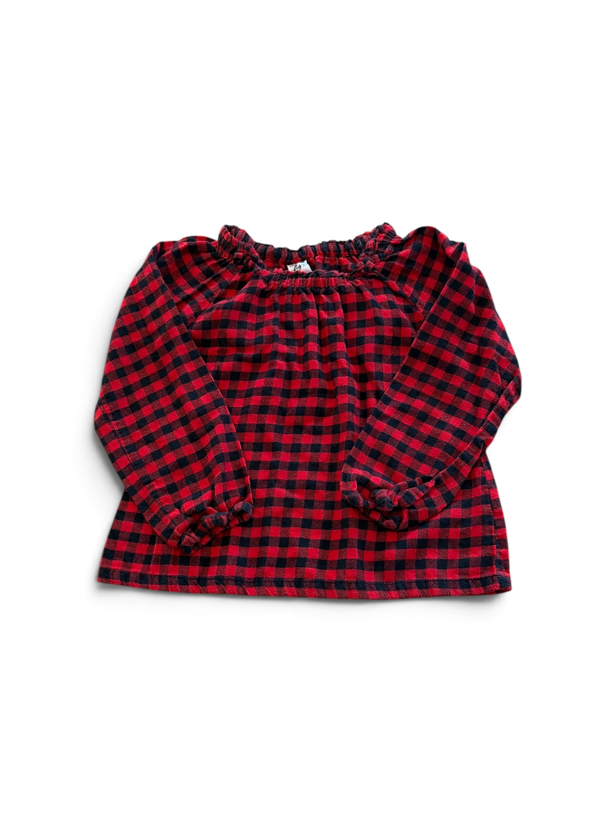 Red Carter toddler girls red and black buffalo plaid long sleeve blouse with ruffled neckline and cuffs.