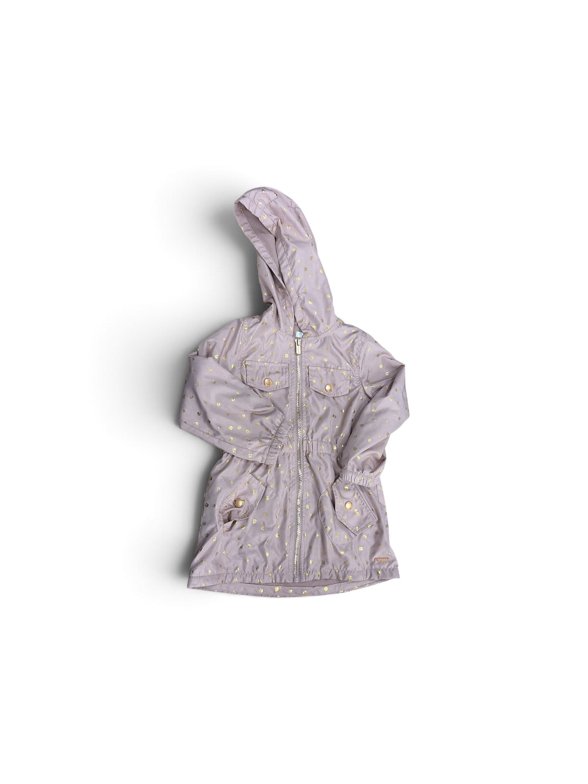 Tahari Girl pink hooded windbreaker with gold floral print, front zipper, and pockets in size 4T.